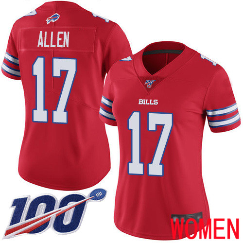 Women Buffalo Bills 17 Josh Allen Limited Red Rush Vapor Untouchable 100th Season NFL Jersey